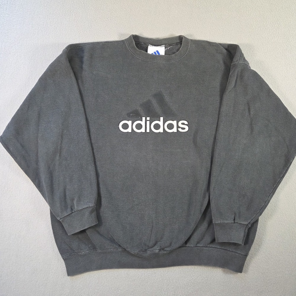 Vintage Adidas Sweatshirt Mens Medium Faded Black Crewneck Pullover Logo 90s